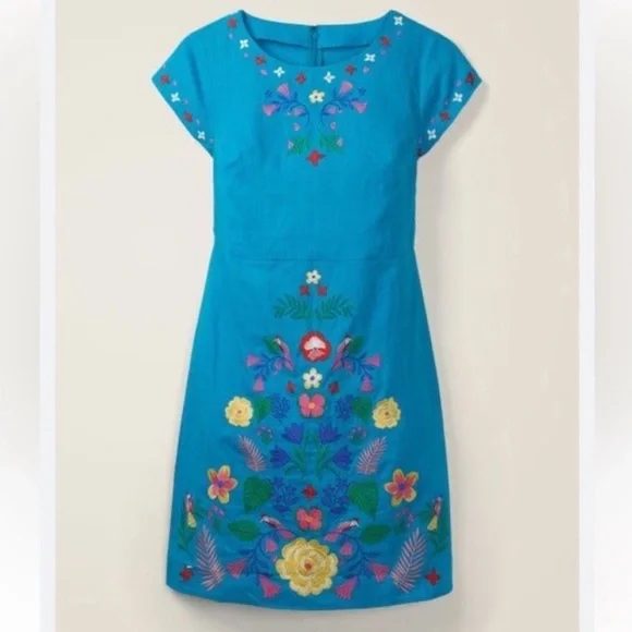Boden Laura Linen Blue Lagoon Shift Dress Floral Embroidered Size 2R - Picture 13 of 16